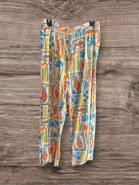 NWT Fusionista beach shell print white blue orange yellow wide leg pants Size L
